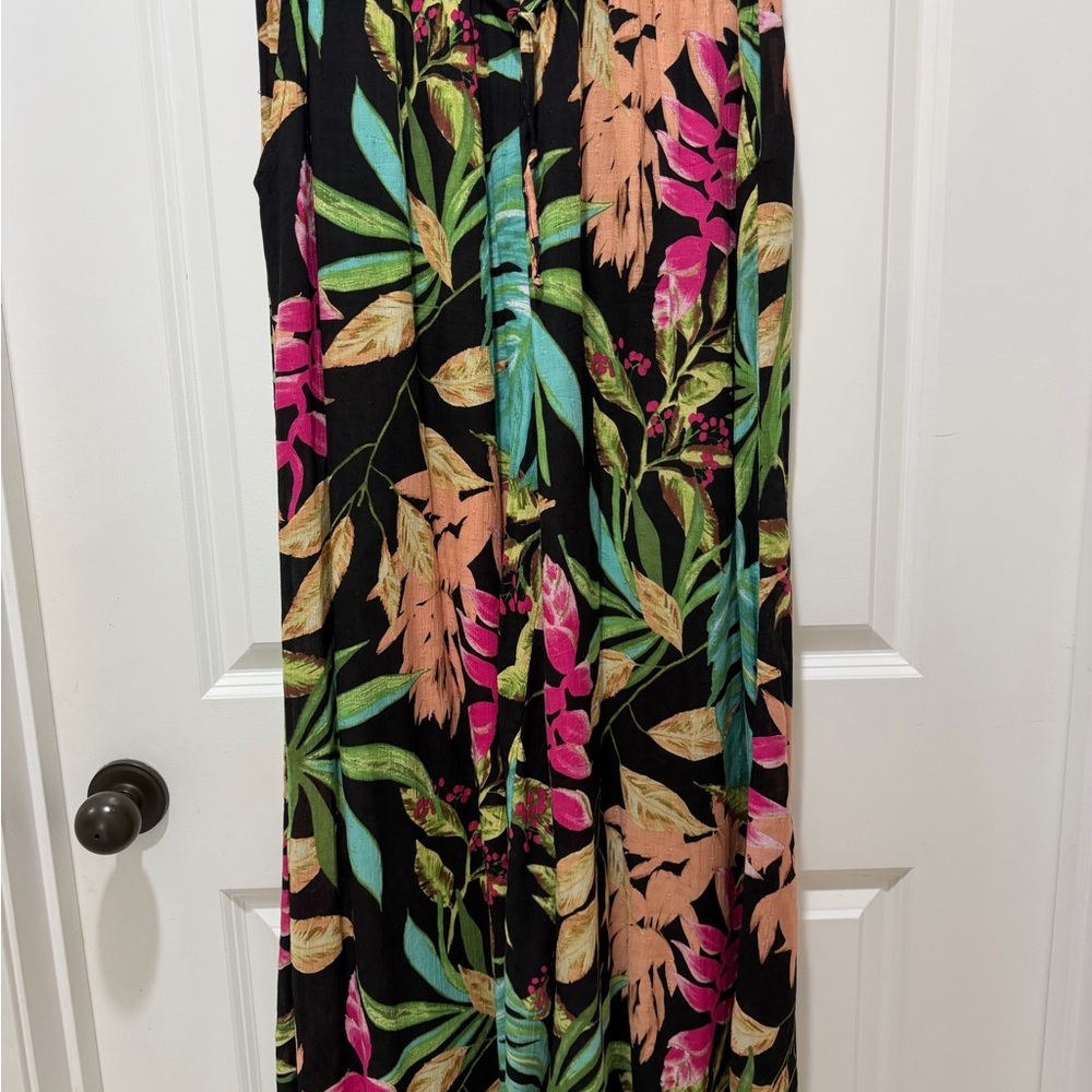 RACHEL Rachel Roy Black Wide Leg pants with Pink, Green & Peach Floral Print